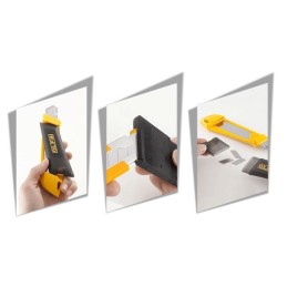 Odłączony pojemnik na ostrza z noża OLFA DL-1 z widocznymi zużytymi segmentami