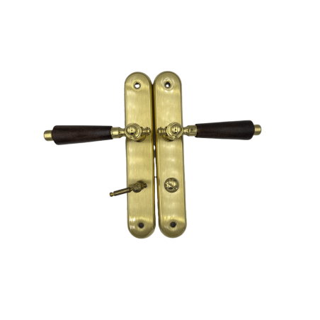 Klamka mosiężna z drewnem Metal-Bud WC 72 - komplet na długim szyldzie w stylu retro