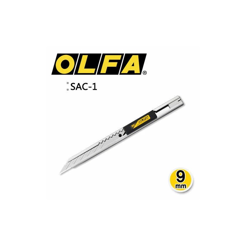 Smukły, stalowy korpus noża OLFA SAC-1 – prezentacja przodu narzędzia.